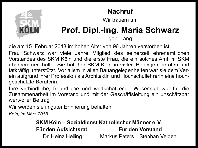  Traueranzeige für Maria  Schwarz vom 03.03.2018 aus Kölner Stadt-Anzeiger / Kölnische Rundschau / Express