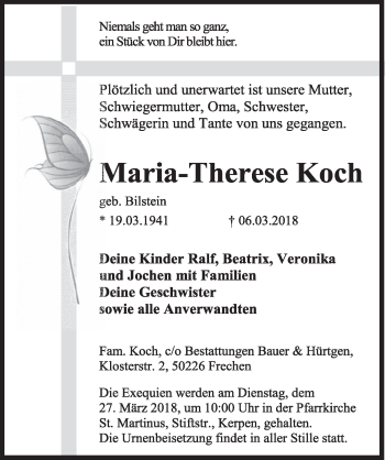Anzeige von Maria-Therese Koch von  Sonntags-Post 