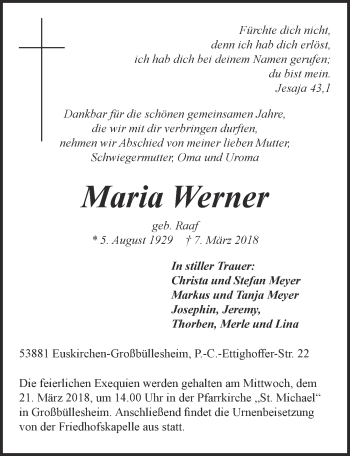 Anzeige von Maria Werner von  Blickpunkt Euskirchen 