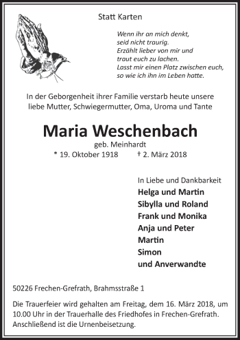Anzeige von Maria Weschenbach von  Sonntags-Post 