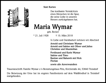 Anzeige von Maria Wymar von Kölner Stadt-Anzeiger / Kölnische Rundschau / Express