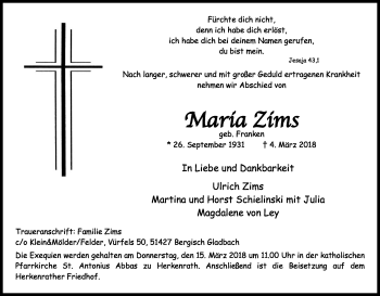 Anzeige von Maria Zims von Kölner Stadt-Anzeiger / Kölnische Rundschau / Express