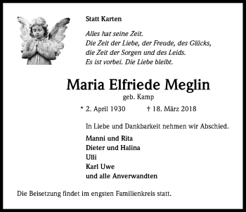 Anzeige von Maria Elfriede Meglin von Kölner Stadt-Anzeiger / Kölnische Rundschau / Express