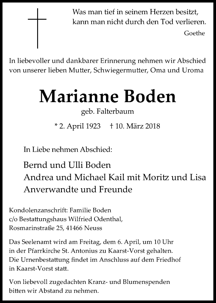  Traueranzeige für Marianne Boden vom 24.03.2018 aus Kölner Stadt-Anzeiger / Kölnische Rundschau / Express