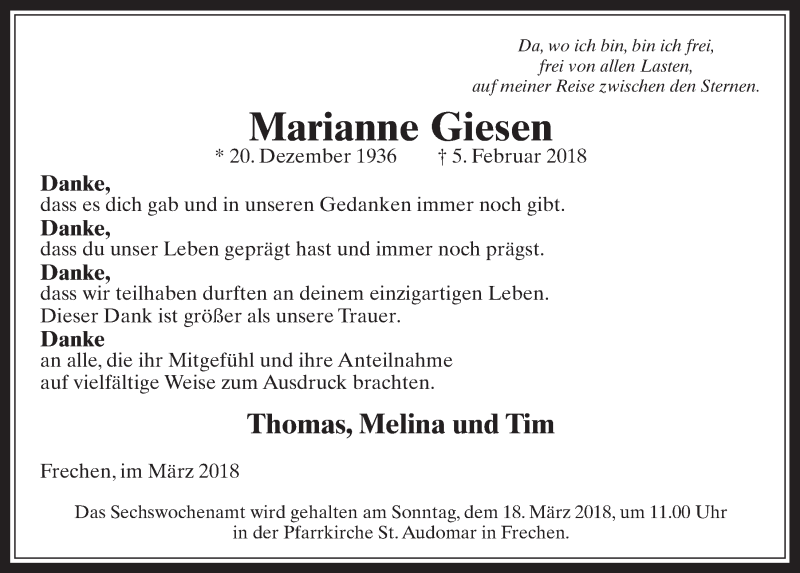  Traueranzeige für Marianne Giesen vom 14.03.2018 aus  Wochenende 