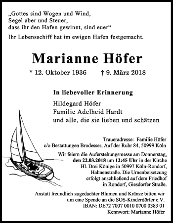 Anzeige von Marianne Höfer von Kölner Stadt-Anzeiger / Kölnische Rundschau / Express