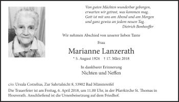 Anzeige von Marianne Lanzerath von  Blickpunkt Euskirchen 