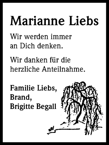 Anzeige von Marianne Liebs von Kölner Stadt-Anzeiger / Kölnische Rundschau / Express