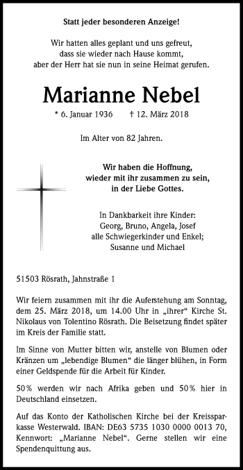 Anzeige von Marianne Nebel von Kölner Stadt-Anzeiger / Kölnische Rundschau / Express