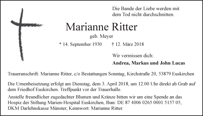  Traueranzeige für Marianne Ritter vom 24.03.2018 aus  Blickpunkt Euskirchen 
