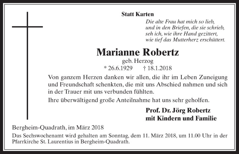  Traueranzeige für Marianne Robertz vom 07.03.2018 aus  Werbepost 