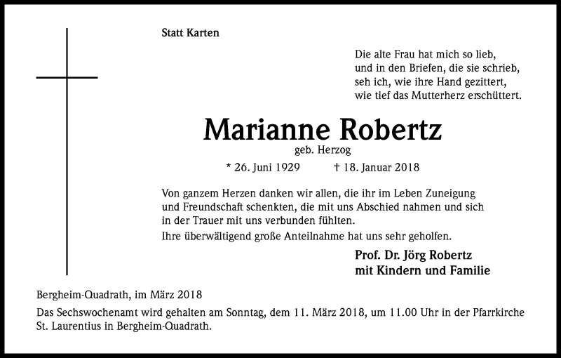  Traueranzeige für Marianne Robertz vom 03.03.2018 aus Kölner Stadt-Anzeiger / Kölnische Rundschau / Express