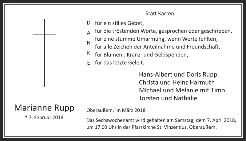  Traueranzeige für Marianne Rupp vom 28.03.2018 aus  Werbepost 