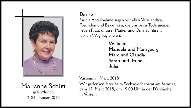  Traueranzeige für Marianne Schütt vom 10.03.2018 aus Kölner Stadt-Anzeiger / Kölnische Rundschau / Express