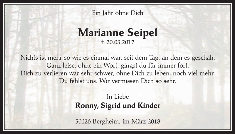  Traueranzeige für Marianne Seipel vom 21.03.2018 aus  Werbepost 