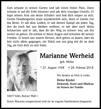 Anzeige von Marianne Werheid von Kölner Stadt-Anzeiger / Kölnische Rundschau / Express
