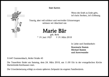 Anzeige von Marie Bär von Kölner Stadt-Anzeiger / Kölnische Rundschau / Express