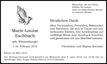 Anzeige von Marie-Louise Eschbach von Kölner Stadt-Anzeiger / Kölnische Rundschau / Express