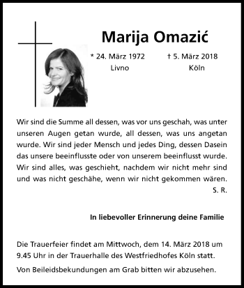 Anzeige von Marija Omazic von Kölner Stadt-Anzeiger / Kölnische Rundschau / Express