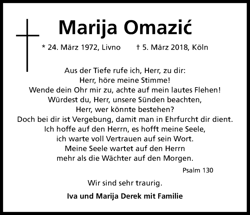  Traueranzeige für Marija Omazic vom 12.03.2018 aus Kölner Stadt-Anzeiger / Kölnische Rundschau / Express
