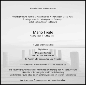 Anzeige von Mario Frede von Kölner Stadt-Anzeiger / Kölnische Rundschau / Express