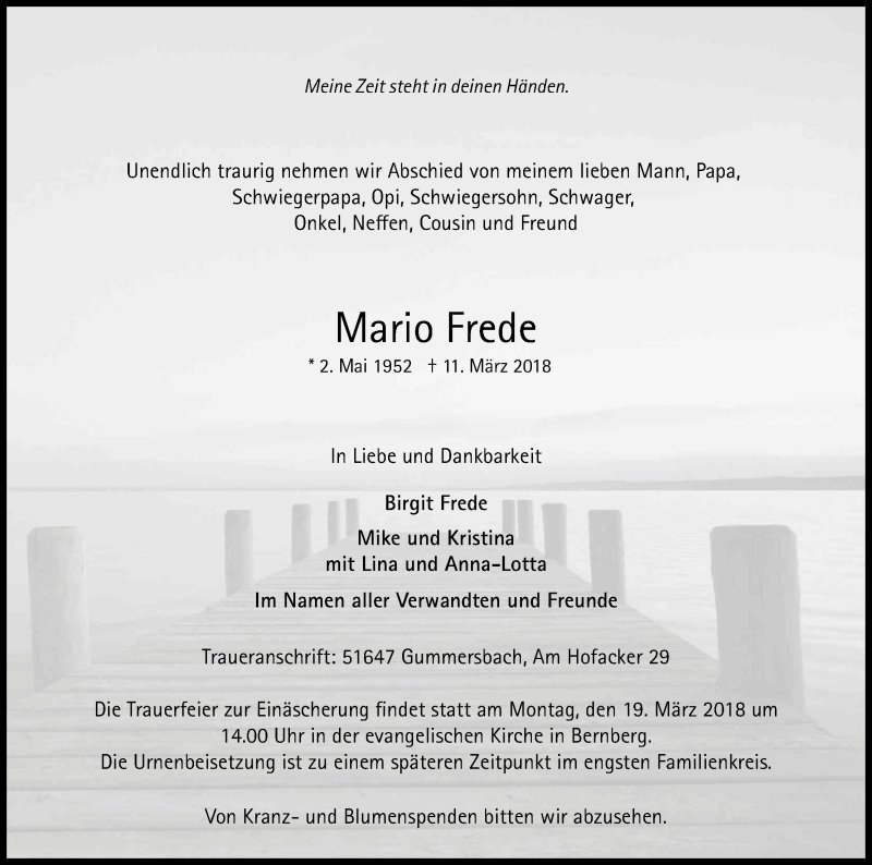  Traueranzeige für Mario Frede vom 14.03.2018 aus Kölner Stadt-Anzeiger / Kölnische Rundschau / Express