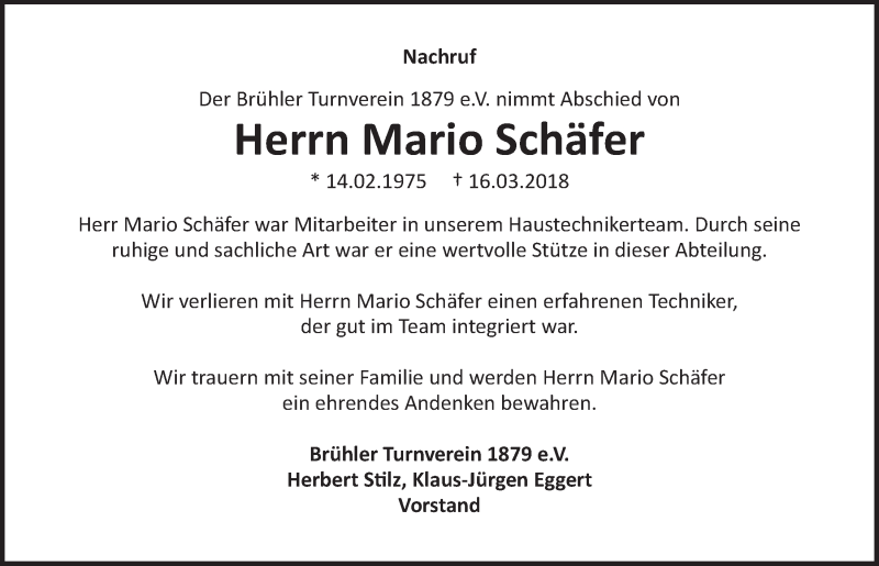  Traueranzeige für Mario Schäfer vom 28.03.2018 aus  Schlossbote/Werbekurier 
