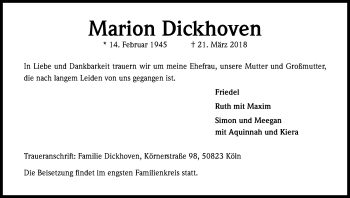 Anzeige von Marion Dickhoven von Kölner Stadt-Anzeiger / Kölnische Rundschau / Express