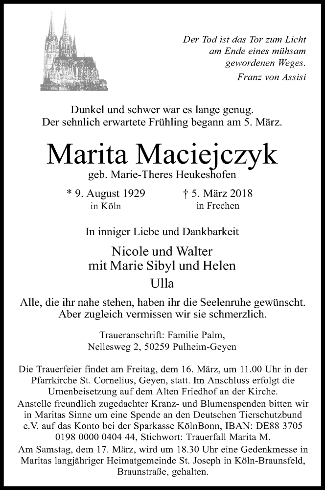  Traueranzeige für Marita Maciejczyk vom 10.03.2018 aus Kölner Stadt-Anzeiger / Kölnische Rundschau / Express