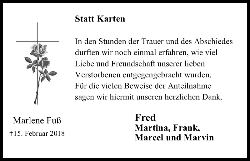  Traueranzeige für Marlene Fuß vom 10.03.2018 aus Kölner Stadt-Anzeiger / Kölnische Rundschau / Express