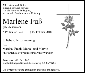 Anzeige von Marlene Fuß von Kölner Stadt-Anzeiger / Kölnische Rundschau / Express