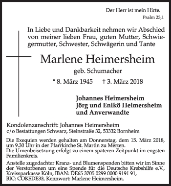 Anzeige von Marlene Heimersheim von  Schlossbote/Werbekurier 