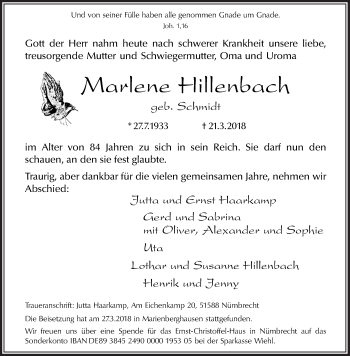 Anzeige von Marlene Hillenbach von  Lokalanzeiger 