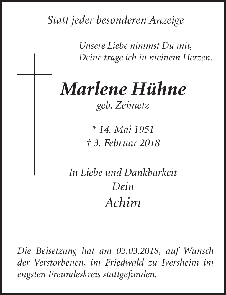  Traueranzeige für Marlene Hühne vom 14.03.2018 aus  Schlossbote/Werbekurier 