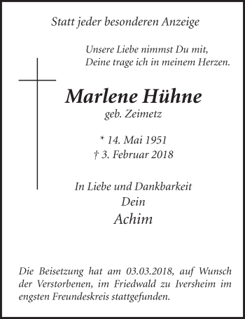 Anzeige von Marlene Hühne von  Schlossbote/Werbekurier 