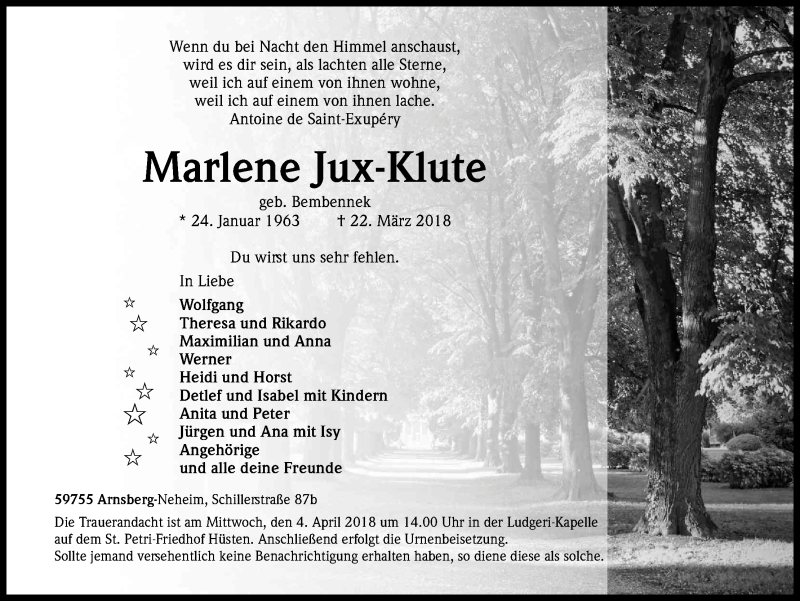  Traueranzeige für Marlene Jux-Klute vom 28.03.2018 aus Kölner Stadt-Anzeiger / Kölnische Rundschau / Express