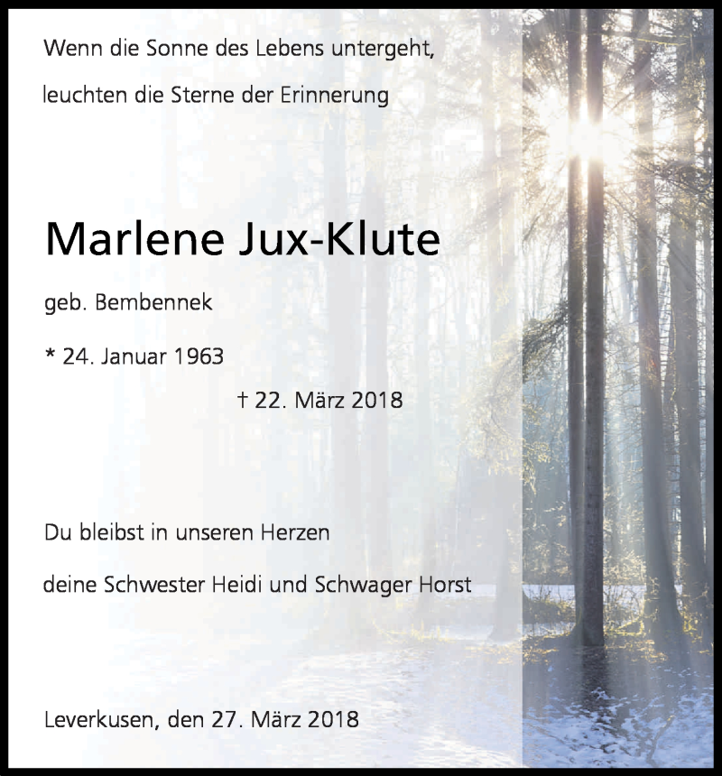  Traueranzeige für Marlene Jux-Klute vom 28.03.2018 aus Kölner Stadt-Anzeiger / Kölnische Rundschau / Express