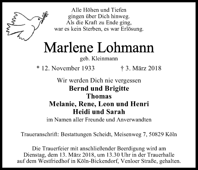  Traueranzeige für Marlene Lohmann vom 10.03.2018 aus Kölner Stadt-Anzeiger / Kölnische Rundschau / Express