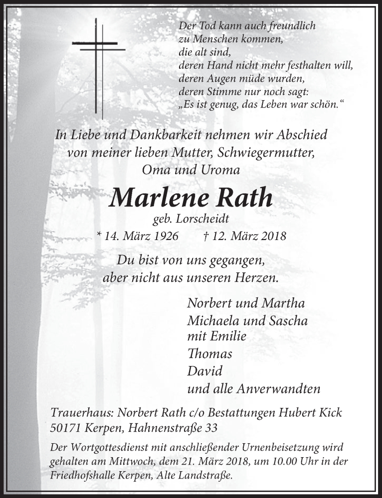  Traueranzeige für Marlene Rath vom 17.03.2018 aus  Sonntags-Post 