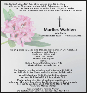 Anzeige von Marlies Wahlen von  Schlossbote/Werbekurier 