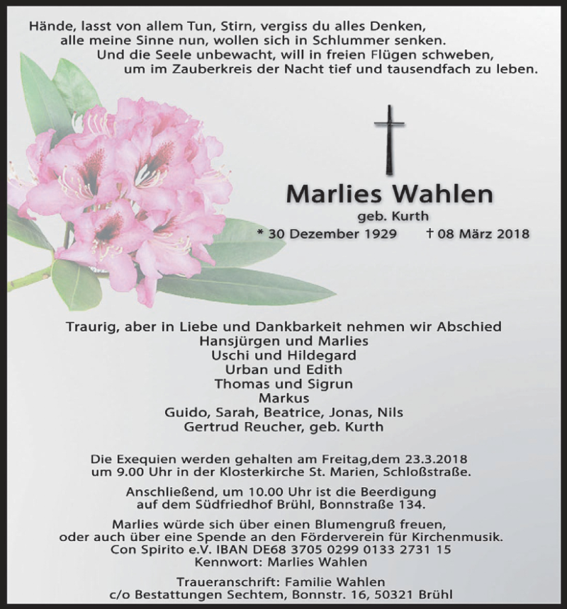 Traueranzeige für Marlies Wahlen vom 14.03.2018 aus  Schlossbote/Werbekurier 