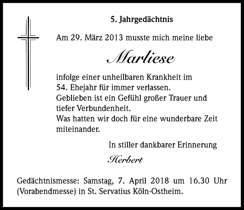  Traueranzeige für Marliese Schnickmann vom 31.03.2018 aus Kölner Stadt-Anzeiger / Kölnische Rundschau / Express