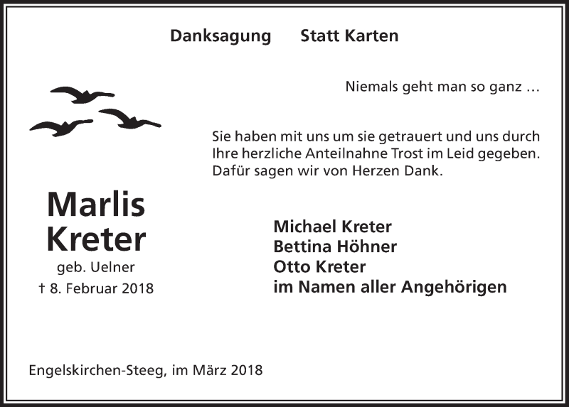  Traueranzeige für Marlis Kreter vom 21.03.2018 aus  Anzeigen Echo 