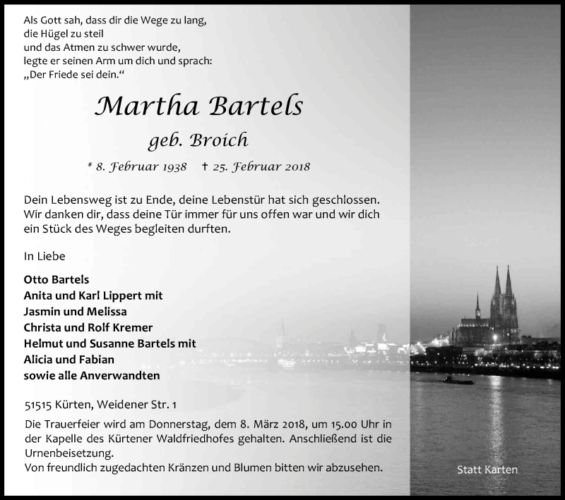  Traueranzeige für Martha Bartels vom 03.03.2018 aus Kölner Stadt-Anzeiger / Kölnische Rundschau / Express