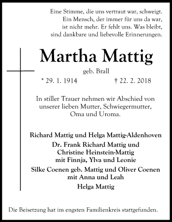Anzeige von Martha Mattig von Kölner Stadt-Anzeiger / Kölnische Rundschau / Express