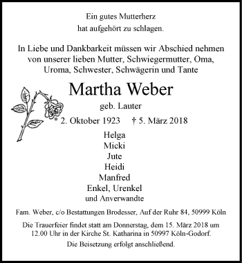 Anzeige von Martha Weber von  Kölner Wochenspiegel 