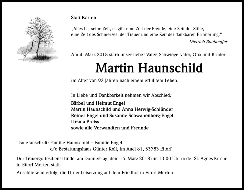  Traueranzeige für Martin Haunschild vom 10.03.2018 aus Kölner Stadt-Anzeiger / Kölnische Rundschau / Express