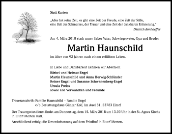 Anzeige von Martin Haunschild von Kölner Stadt-Anzeiger / Kölnische Rundschau / Express