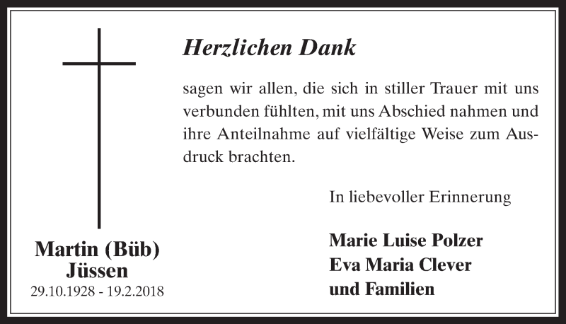 Traueranzeige für Martin Jüssen vom 21.03.2018 aus  Werbepost 