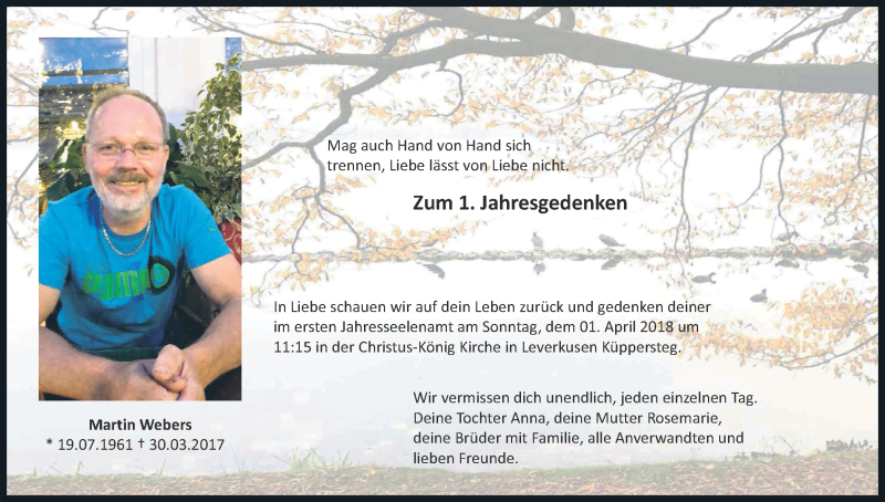  Traueranzeige für Martin Webers vom 24.03.2018 aus Kölner Stadt-Anzeiger / Kölnische Rundschau / Express